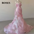 ROSES Abito da sera in tulle rosa Tromba Elegante abito da ballo Piega al largo della spalla Abito