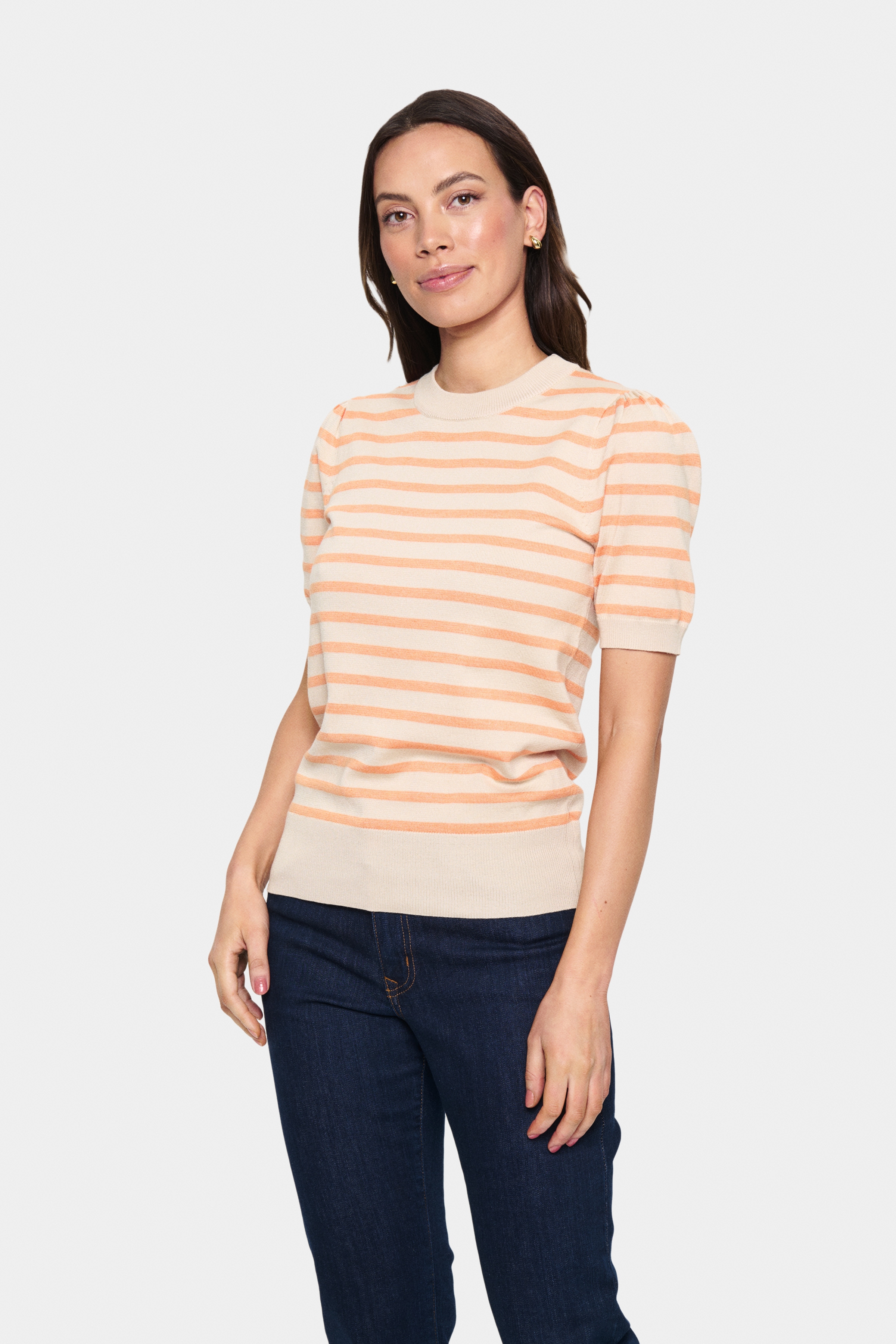 Kurzarmpullover SAINT TROPEZ "MilaSZ SS Striped", Damen, Gr. M, orange (fog orange stripe), Strick, Obermaterial: 80% Viskose, 20% Polyacryl, gestreift, regular fit normal, Rundhals, Pullover