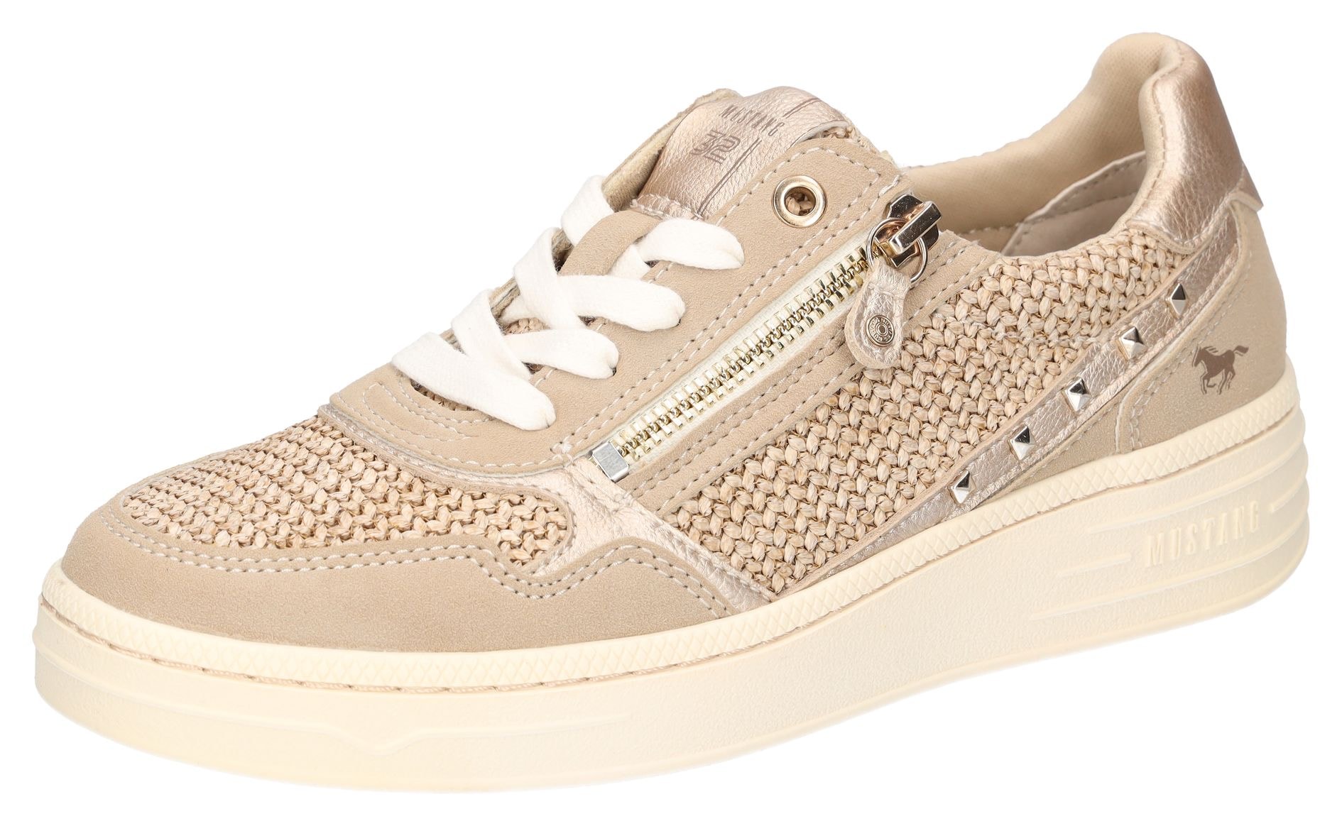 Sneaker MUSTANG SHOES, Damen, Gr. 41, gold (beige, taupe, goldfarben), Lederimitat, Textil, Schuhe Sneaker, Plateausneaker, Schnürschuh mit Glitzernieten