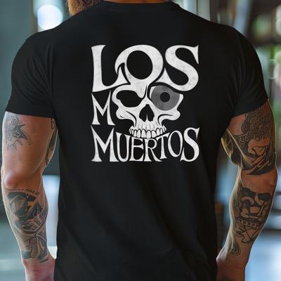 TEMU Men's Casual Crew Neck T-shirt With Los Muertos Skull Print - 100% Polyester Knit Fabric, Geometric Pattern, Stretch, Short Sleeve Tee For Summer Image