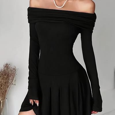 TEMU Chic Off-shoulder Bodycon Dress For Women - Stretchy Polyester & Elastane Blend, Machine Washable, Spring/fall Image