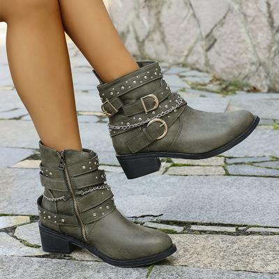 TEMU Women's Olive Green Cover Ankle Boots With Chunky Heel - Stylish Side Zipper & Strap Detail, Comfortable Fabric , - Casual Winter Short Boots, Outdoor Boots|trendy Ankle Boots|comfortable Image