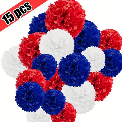 TEMU 15pcs Red Blue And White Tissue Paper Pom Poms, Tissue Paper Flowers For Party, Decorations, Shopping Mall Home Window Decoration, Wedding Birthday Baby Shower Baseball Themed Parties Image