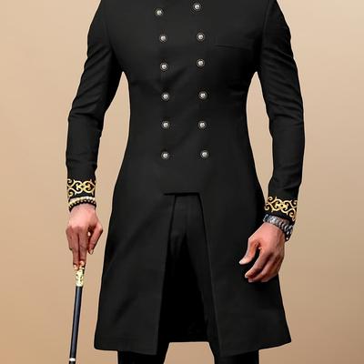 TEMU Men's Long Sleeve Suit, Round Neck, Button- Cardigan With Pockets And Split Hem, Embroidered Drawstring Pants, 2pcs Casual Shirt And Trousers Set For All , Street Style, Wedding Wear, Black Image