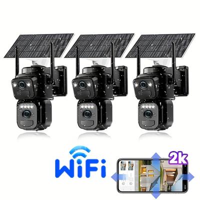 TEMU 3pcs, 2k Hd Dual Lens Solar Security Camera Wireless Outdoor, 2.4ghz Wifi Ptz Camera Battery Powered For With Color Night , Auto Tracking, Human Detection, Spotlight Siren. Image