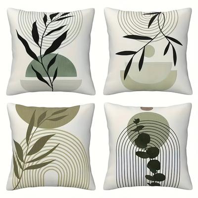 TEMU 4pcs, Geometric Green Plant Print Pillowcase Traditional Style Pillowcase, Single-sided Printing, 3 Sizes From, Suitable For Sofa Living Room Bedroom Home Decoration, No Pillow Core Image