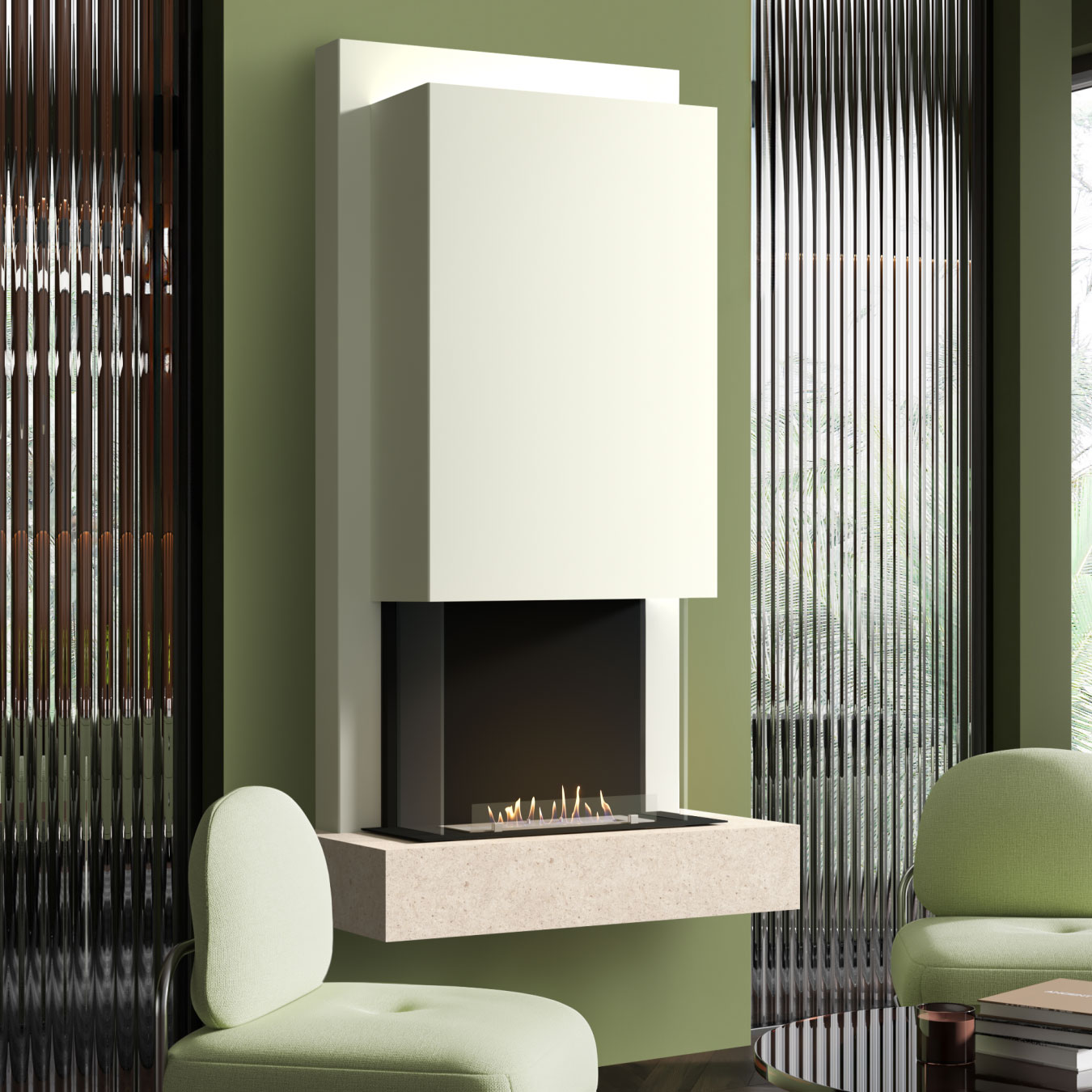 muenkel design Arco [moderner Design Ethanolkamin]: Jura (Schiefer beige) - safety burner 450 - Weiß