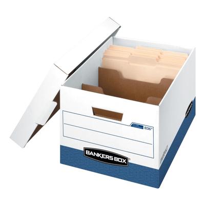 Bankers Box R Kive Dividerbox Heavy-Duty Fastfold File Storage Boxes With Locking Lift-Off Lids And Built-In Handles, Letter/legal Size, 10"h X 12“W X 15"d, 60% Recycled, White/blue, Case Of 12