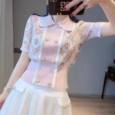 High-end Summer Women Clothing Pink Cropped Cardigan Knitwear T-shirts Double-breasted Lapel Short