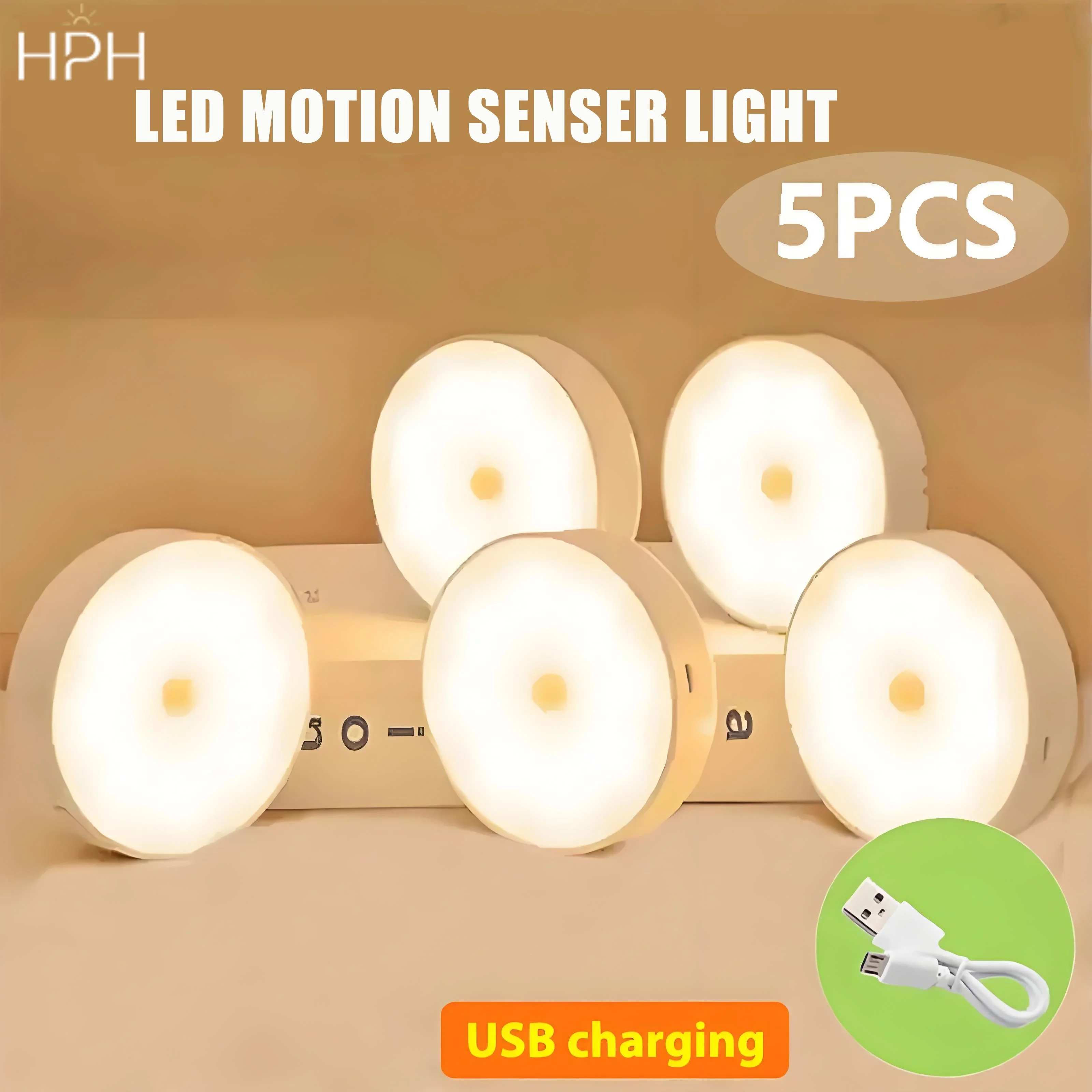 HPH LED-Nachtlicht, 5 Stück, Bewegungsmelder-Lampe, Wandleuchte für Schlafzimmer, Küche, Treppe, Flur, Kleiderschrank, kabellose Beleuchtung