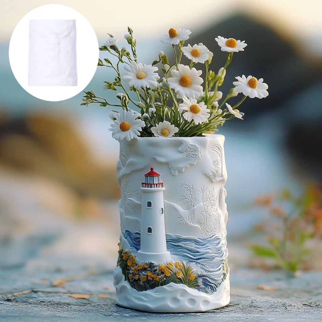 Leuchtturm Relief zylindrische Vase Harz Silikonform Berg Meer Relief Stifthalter Form Wachturm Blumentopf Gips Formen Image