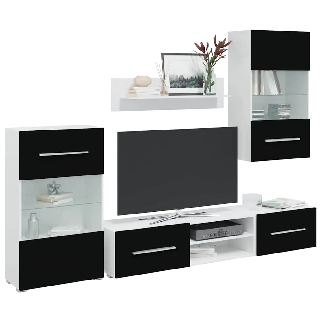 5-teilige TV-Einheit mit LED-Beleuchtung, mattschwarze Spanplatte, moderner Luxus, Innendekoration, Wohnzimmer, Heimdekoration, Monitorständer Image