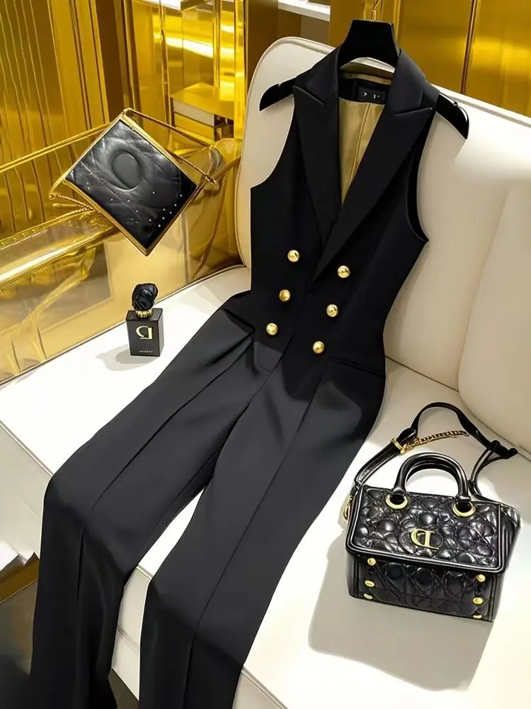 Schwarzer V-Ausschnitt, zweireihiger Bürodame-Overall für Damen, ärmellos, hohe Taille, weites Bein, Hose, Strampler, Overall 2023 Image