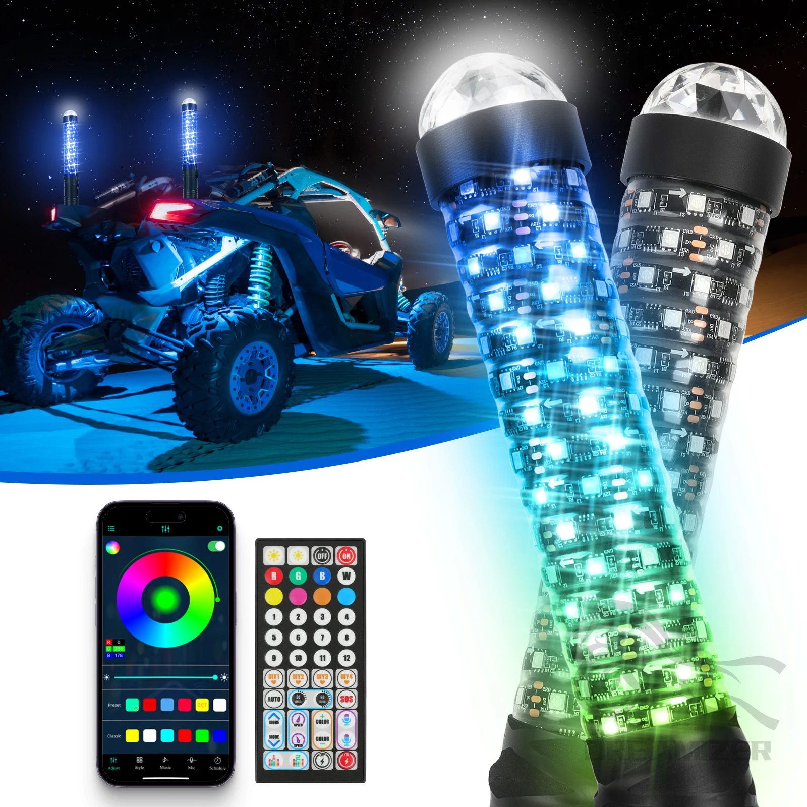 2PCS 1FT Mit Warnleuchten Fett Bluetooth Fernbedienung Bunte Spirale LED Peitsche Lichter Beleuchtete Antenne Peitschen Für UTV ATV Image
