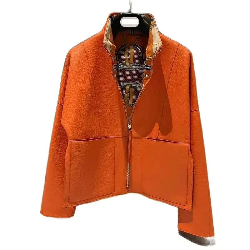 Neue Mode 2025, Damenmantel, Frühling, orange, Import, echte Schaffelljacke, Blumenmuster, Futter, kurze Länge, große Taschen
