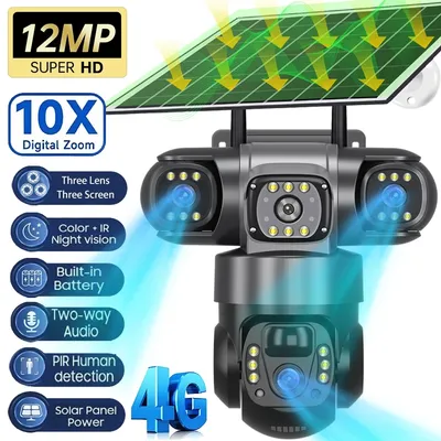V380 Pro 12MP 10X Zoom Triple Lens 4G Solar Camera Outdoor Three Screen PIR Motion Detection