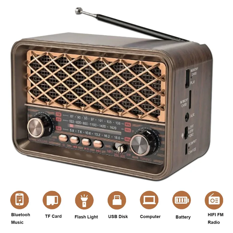 Radio portatile vintage classica retrò FM AM SW radio a banda intera ricevitore altoparlante Bluetooth wireless supporto LED Llight TF USB AUX