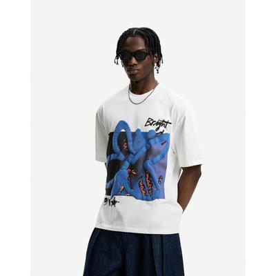 Bershka Boxy-Fit Short Sleeve Print T-Shirt Men M White