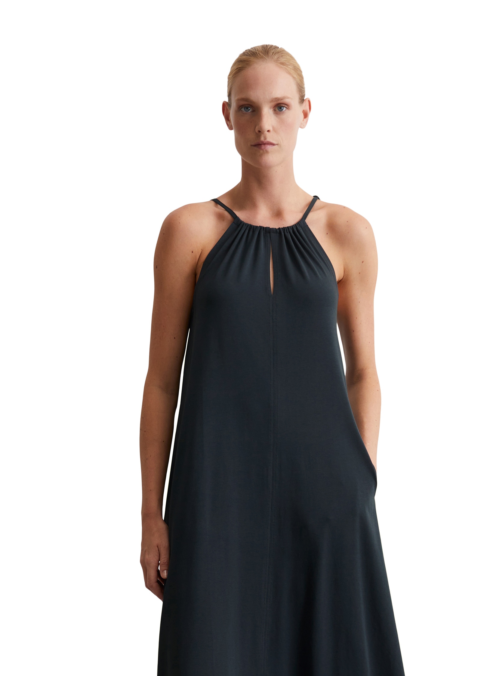 Jerseykleid MARC O'POLO "mit TENCEL™ Modal", Damen, Gr. L, Normalgrößen, blau (m886), Obermaterial: 48% Modal, 47% Baumwolle, 5% Elasthan, unifarben, loose fit lang, Rundhals, Kleider Jerseykleid