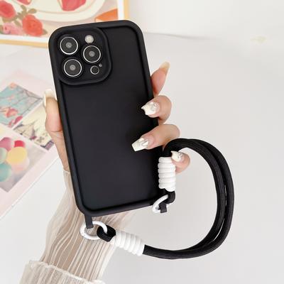 TEMU Five-color Solid Color Precision Hole Hole + Same Hand Rope Mobile Phone Case Suitable For Anti-fall Protective Case Creative Simple For Iphone 11/12/13/14/15/16 Pro Plus Max Image