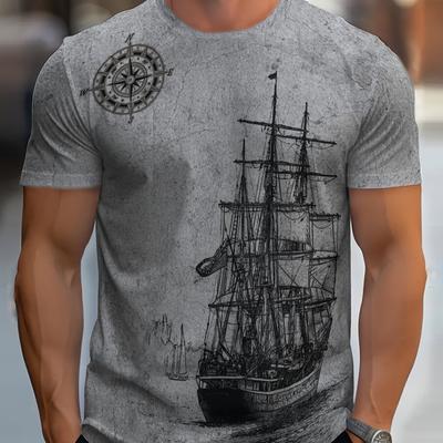 TEMU Men's Summer European And American Print T-shirt, Stylish And Sporty Short-sleeve Sailing Print Top. Image