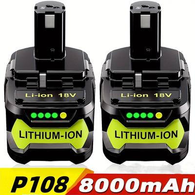 TEMU 2pack 8.0ah 18v P108 Replacement Battery For Ryobi 18 Volt 8000mah High Capacity Batteries Replace Ryobi 18v P104 P105 P107 P108 P109 Batteries And Fit For 300+ 18v Ryobi Tools Image
