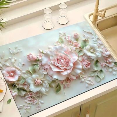 TEMU 1pc Floral 3d Printed Dish Drying Mat, Super Absorbent Polyester .00, Multi-functional Kitchen & Bathroom Decor Accessory, Insulation Pad, Coffee Machine Mat, Stovetop Protector Image