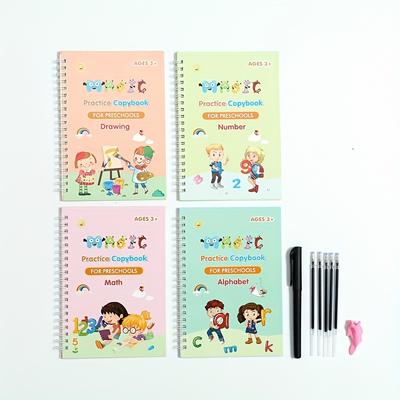 TEMU 4 Books + 1 Refillable Book + 1 Pen + 5 Pen Refills + Erasable Stickers, Reusable, Mixed Color, Made Of Paper, For Writing, Parent-child Education, Boys And Girls Image