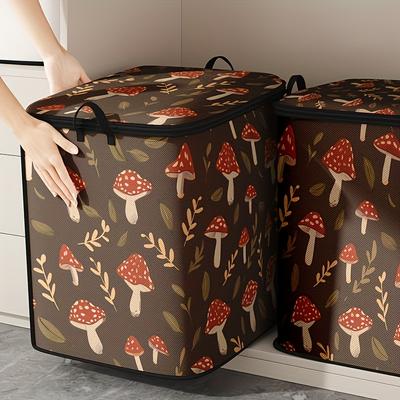 TEMU 1pc Mushroom Print Storage Bin - Large Capacity, Foldable Fabric Organizer With Sturdy Zipper, Ideal For Clothes, Blankets, Quilts, And More, Closet Organization||durable Fabric Image