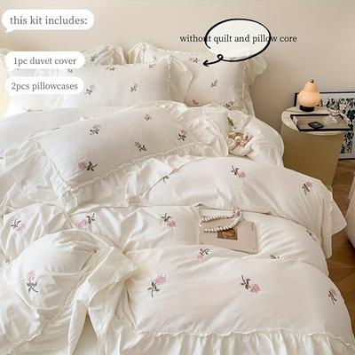 TEMU Bedding Set Of 3 Elegant Embroidered Pink Rose Flower Quilt Cover And Pillowcase Image