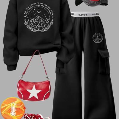 TEMU C5 K13 Autumn And Winter Women's Landscape Printing Sweater Overalls Suit Pocket Casual 's Tops Pants Image