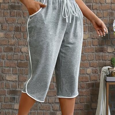TEMU Women's Plus Size Casual Capris With Contrast Pockets - Elastic Waist, Straight Leg, Color Block, Spring And Summer Outfits, Comfortable Fashion|trendy Casual Wear|adjustable Drawstring Image