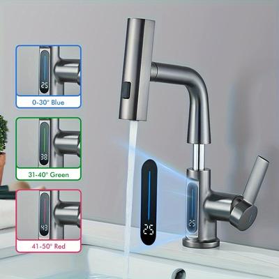 TEMU Luxury Kitchen Faucet With Pull-out Shower, Digital Temperature Display & Height Adjustable Basin - Water-saving Stainless Steel Sink Mixer For Kitchen And Bathroom Image