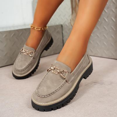 TEMU Women's Gray Cover Loafers With Golden-tone Metal Decor - Comfortable Slip-on Platform Shoes, Round Toe, Rubber Sole, Plush Lining For Wear, Ladies Shoes Image