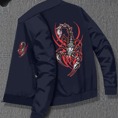 TEMU Men's Casual Varsity Jacket - , Knit Fabric, Machine Washable With Stand Collar & Print Image