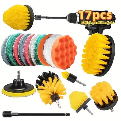 TEMU Drill Brush Attachment Set - 9/14/17pcs, Reusable Scrubbers For Grout, Floors, Tiles, Showers & Kitchens, Electric, Extension, Bathroom Image