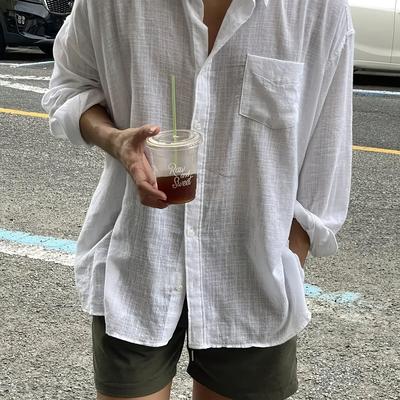 TEMU Men's Casual Long-sleeve Button-up Shirt - Light Gray, Non-stretch, Short Sleeve, Travel & Beach Vacations, Beach Vacation Attire | | Nonstretch Fabric Image