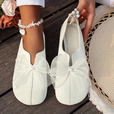 TEMU Women's Navy Blue Slip-on Flats With Elegant Black Bowknot - Comfortable Lightweight Casual Shoes, Cover Upper & Pu Sole, Breathable Design For Casual Attire, Ladies Shoes Image