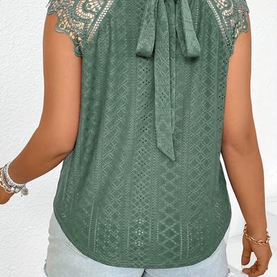 TEMU Women's Elegant Lace Sleeveless Top With Back Bow - Light Green, Short Sleeve, Round Neck, Stretchy Fabric, Spring And Summer, Casual Attire Top|elegant Sleeveless Top|stretchy Fabric Top Image
