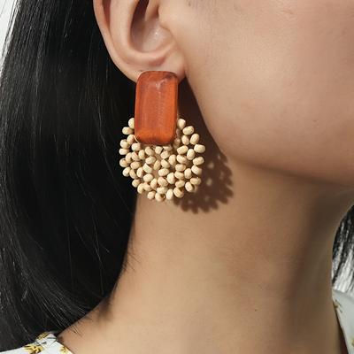 TEMU Boho-chic Wooden Beaded Geometric Dangle Earrings For Women - Stainless Steel Posts, Everyday & Party Wear Image