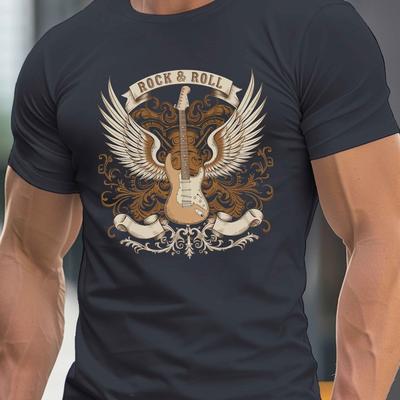 TEMU Men's Rock & Roll Graphic T-shirt - Black Crew Neck Short Sleeve Tee With Guitar & , Casual Summer Shirt For Adults, Lightweight Polyester Fabric, Plus Size Image