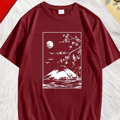 TEMU Creative Fuji Cherry Silhouette Men's Crew Neck Short Sleeve T-shirt, Casual Top For Summer Image