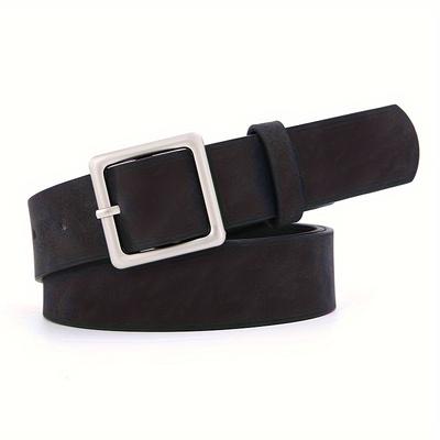 TEMU Women's Slim Fit Pu Belt With Metallic Square - Vintage-inspired Contrast Color Options (black/brown/beige) For Casual, Office & Beach Outfits Image