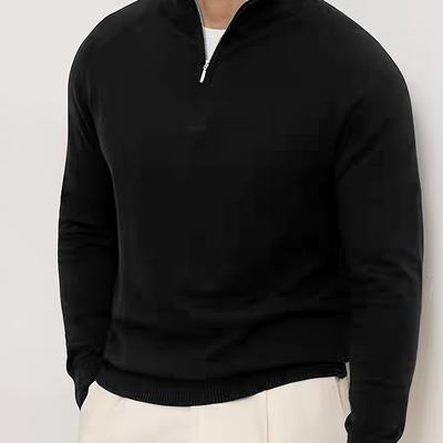 TEMU Men's Casual Knit Zip-up Sweater With Stand Collar - Solid Color Black Long Sleeve Pullover For Autumn/winter, Regular Fit, Hand Wash Only, Knit Sweater, Everyday , , Sleek Fabric Image
