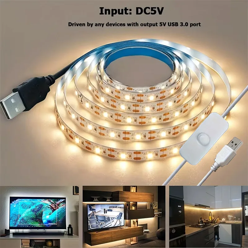5V 2835 LED-Streifenleuchten, klebbar, zuschneidbar, weiß/warmweiß, flexible LED-Beleuchtung für TV-Hintergrundbeleuchtung, Heimdekoration, Schrankbeleuchtung.