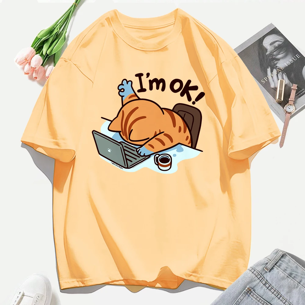 Eine Katze, die anhand der Arbeit drucken Frauen-T-Shirts lässige Hip-Hop-T-Shirts Tops mehrfarbige Baumwolle Sportbekleidung lose Kurzarm weiblich Image