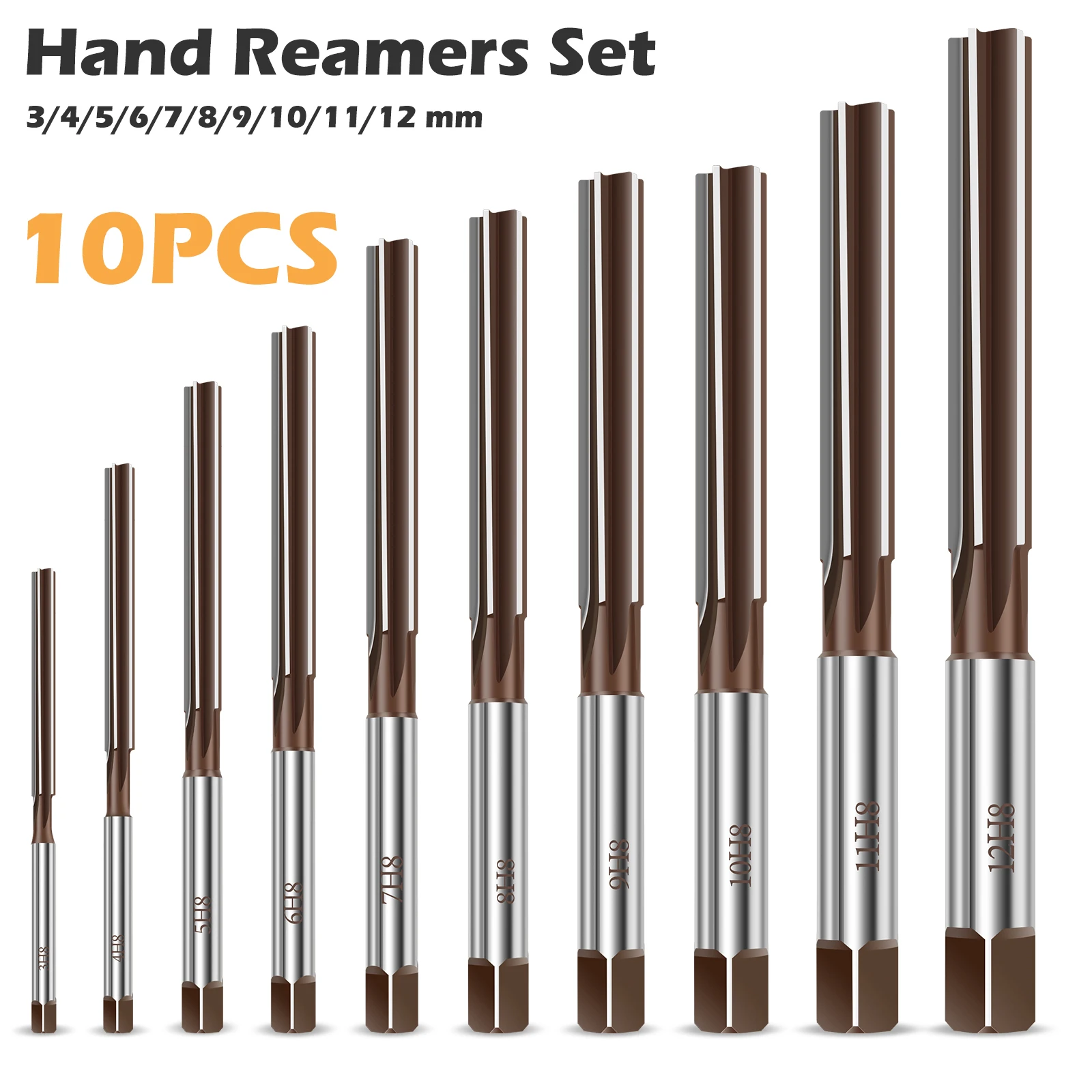 10-teiliges Handreibahlen-Set, 9Sicr-legierter Stahl, gerader Schaft, Holzloch-Reibahlen-Werkzeug, H8, präzises Handfräsen, Expansionsreibahlen, 3–12 mm Image