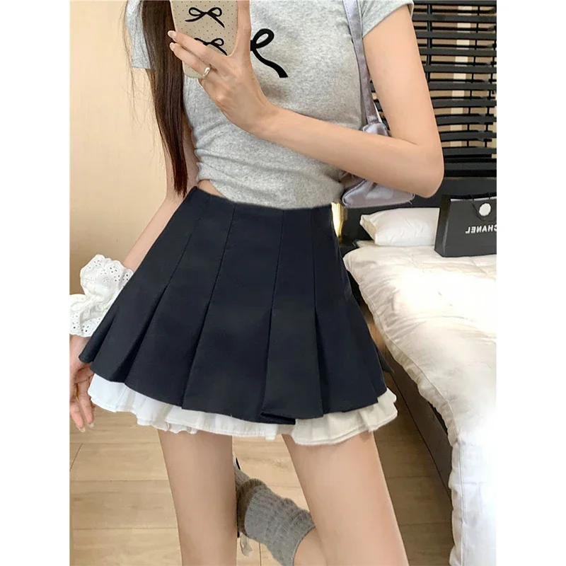MEXZT Y2K Schwarz Mini Rock Frauen Japanische Adrette Rüschen Patchwork Plissee Röcke Sommer Koreanische Kawaii Hohe Taille EINE Linie Rock Image