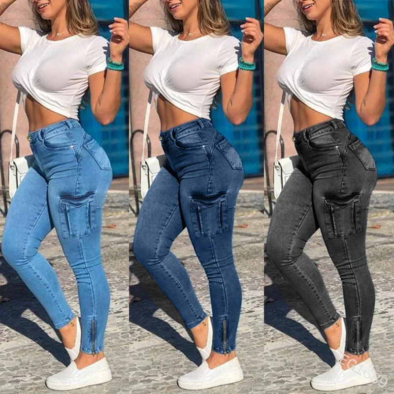 Frauen Jeans Mantel Bleistift Hosen Taschen Cargo Denim Distressed Hohe Taille Waschen Slim Fit Zipper Fly Knöchel Länge Solide Image