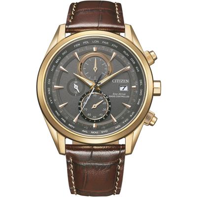 Funk-Multifunktionsuhr CITIZEN, braun (braun, anthrazit), Armbanduhren, Herren, Armbanduhr, Herrenuhr, Solar, Lederarmband, Saphirglas, Datum Image